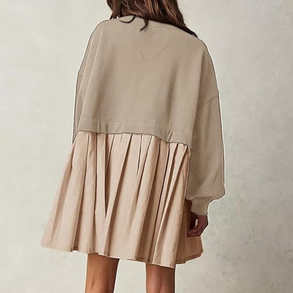 Dokuritu Women's Khaki Patchwork Crew Neck Long Sleeve Sweatshirt Mini Dress XS - Picture 4 of 11